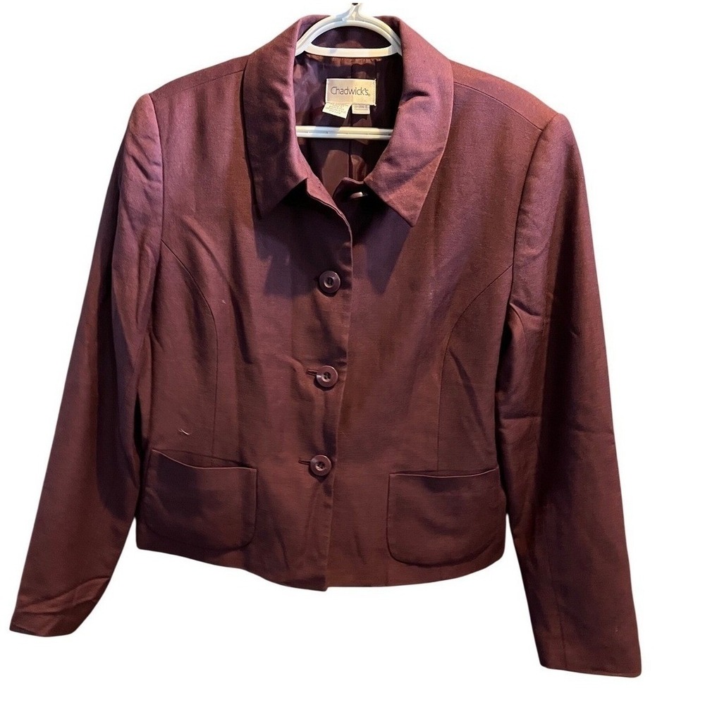 Chadwicks Womens 16 Burgundy 100% Wool 3 Button Blazer Jacket Professional Plum